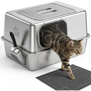 Ptlom Enclosed Stainless Steel Litter Box for Large Cats, Leak-Proof Metal Cat Toilet with Lid, Ventilated Top Opening Covered Cat Pan High Sided Walls, Scoop & Litter Mat, 20.8" x 13.0" x 13.1"