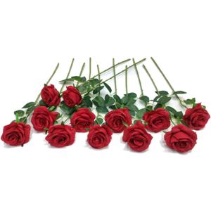 Laelfe 12 pcs Artificial Red Roses Flowers Long Stem Fake Silk Rose for Home Wendding Decorations (Red)