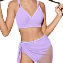 Girls Swimsuit V-Neck Shell Stitched Solid Color High Waisted 3 Piece Bathing Suit Bikini with Cover Up 9-16T (13-14 Years, Purple)