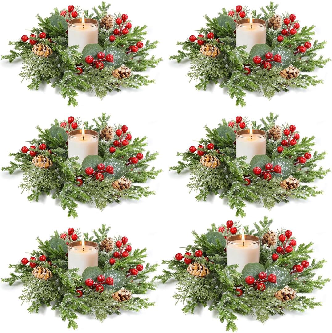 6Pcs Flocked Christmas Candle Rings Wreaths, 10"x3.5" Perfect PE Small Mini Christmas Wreath with Snowy Pinecones&Red Berries Cedar Eucalyptus Cypress Wreath Candle Holders for Table Centerpiece Decor