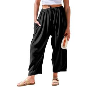 TARSE Womens Linen Wide Leg Pants Casual Loose Drawstring Summer Beach Travel Vacation Palazzo Harem Pants with Pockets Size M