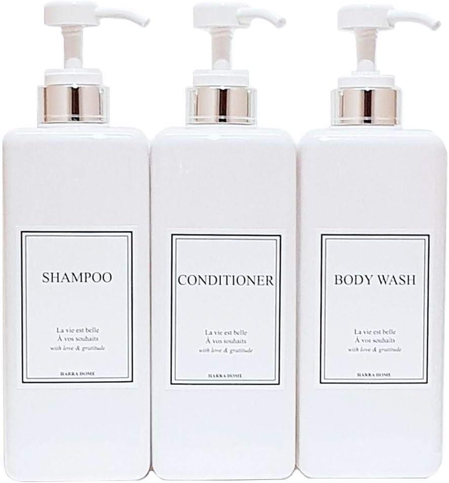 Modern Design Large 27 oz Shampoo and Conditioner Dispensers - Empty Plastic Refillable Pump Bottle Set for Bathroom Shower Soap Dispenser, Gift Box Included, Set of 3, (White & Silver)