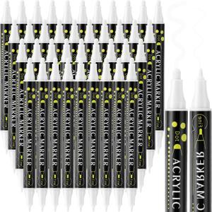 Spakon 36 Pcs Dual Tip Acrylic Paint Pens Markers, Fine Tip Permanent Acrylic Metallic Paint Markers for Rock Painting, Glass, Wood, Ideal for Arts and Crafts(White)
