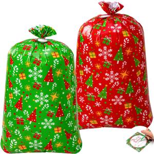 JOYIN 2 PCS Large Red & Green Christmas Holiday Plastic Gift Bags 56"x36" with Gift Tags for Heavy Duty Large Gifts, Xmas Presents Warpping