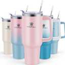 40 oz Tumbler with Handle and Straw Lid, 100% Leak-proof Travel Coffee Mug, Stainless Steel Insulated Cup for Hot and Cold Beverages, Keeps Cold for 34Hrs or Hot for 10Hrs, Dishwasher Safe (Pink)