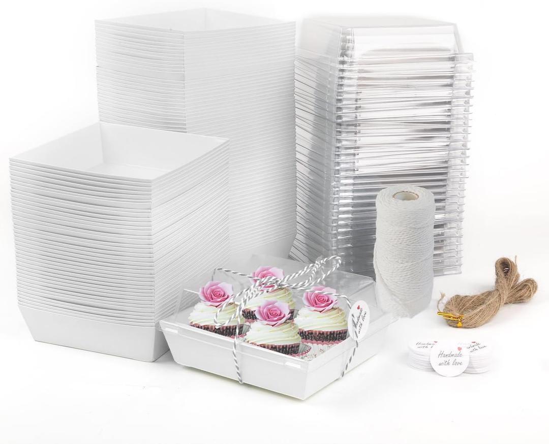 Rocutus Cake Boxes Take Out Boxes Bakery Boxes,100 Pack Charcuterie Boxes Paper Food Containers to Go Pink Cake Boxes,Pink Bakery Boxes for Cake Packaging, Desserts, Pastry, Cupcakes (White)