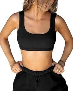 XUNYU Square Neck Tank Top for Women Ribbed Padded Crop Top with Built in Bra U Back Sexy Going Out Tops Basic Casual Summer (Black)