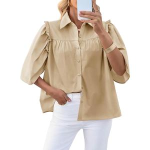 Cicy Bell Womens Summer Button Down Shirts Short Ruffle Puff Sleeve Cotton Blouses Dressy Casual Ladies Tops (Large, Beige)