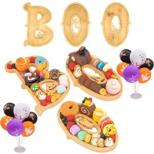 3PCS Wooden Halloween Charcuterie Board Set - Boo Letters (with 14 Balloons) - Halloween Party Table Decoration & Food Tray Platter