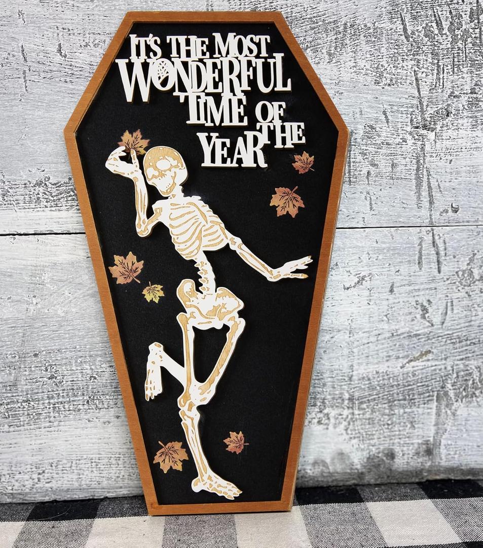 Spooky Farmhouse Halloween Wooden Signs with Sayings 12H x 6.5W, Cute Fun Farmhouse Skeleton Coffin Fall Halloween Table Sign for Tiered Tray Wreath Mantel Table Top Centerpiece Decor (Black)