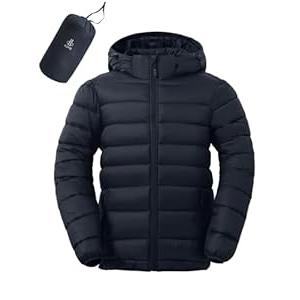 ASPO Men's Packable Lightweight Puffer Winter Jackets Detachable Hood Waterproof Warm Insulated Down Coats Hiking Snow Travel Navy Blue XL