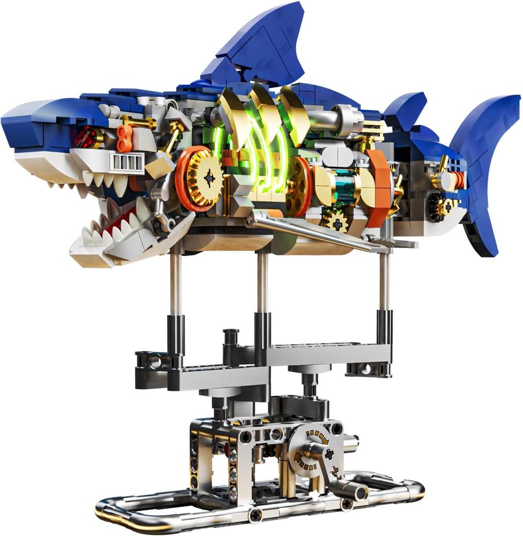 Mechanical Shark Building Set with LED Light, 687 PCS Movable Ocean Animal with Display Stand, Sea Fish Building Block Toy, Home Decor Gift for Adults Teens Kids Boys Ages 12+
