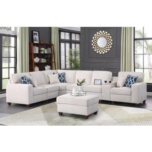 127" L-Shaped Sectional Couch with Movable Ottoman & 6 Throw Pillows,7 Seat Chenille Upholstered Sofa W/2 Cup Holder,USB Port & Hidden Storage Box,DIY Combination,for Living Room,Apartment,Beige