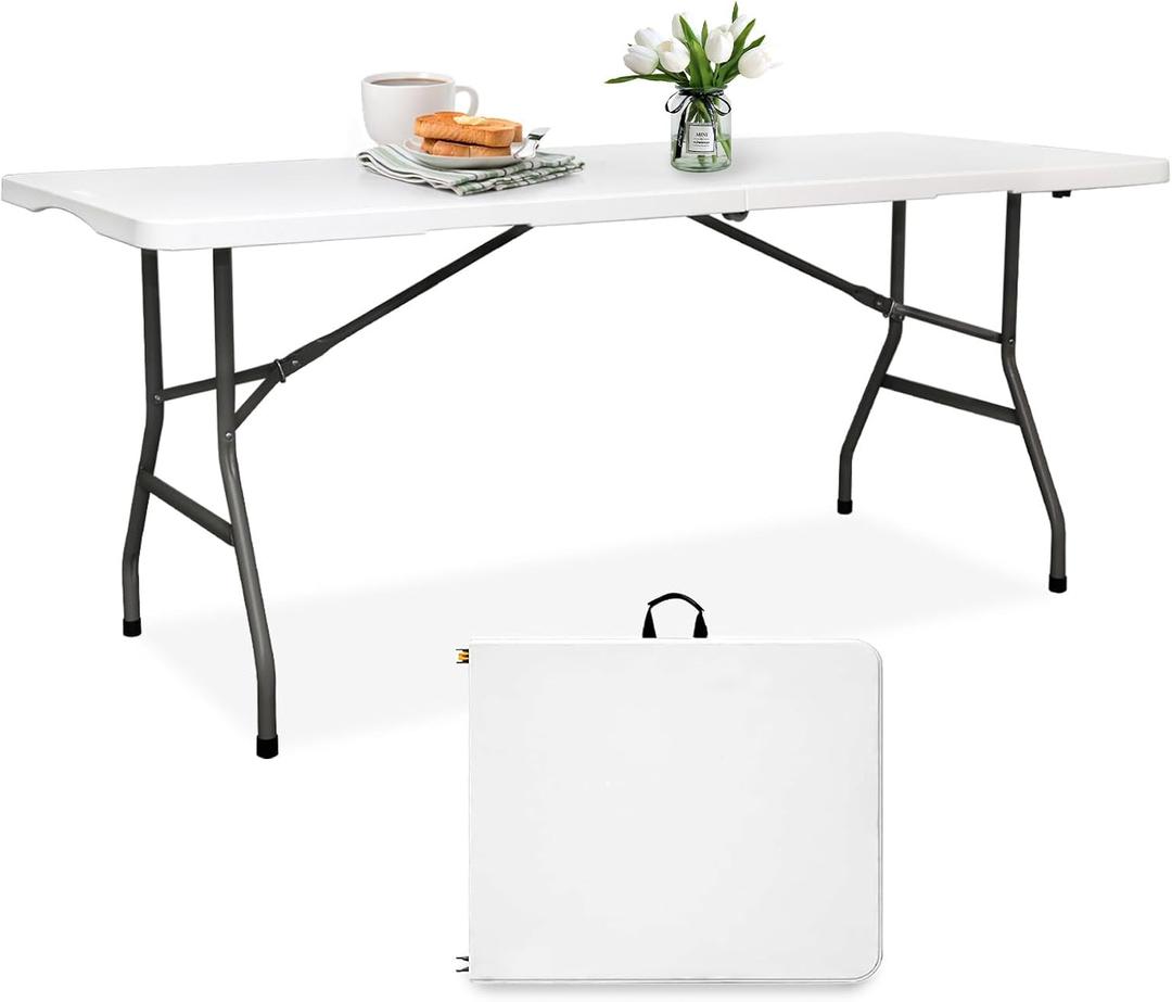 Pollilar Folding Table 6FT HDPE 6 Foot Foldable Table Portable Banquet Surface Fold-in-Half Desk Utility for Working Meeting Parties, Picnic, Camping, Weddings, Catering, Garden Dining-White