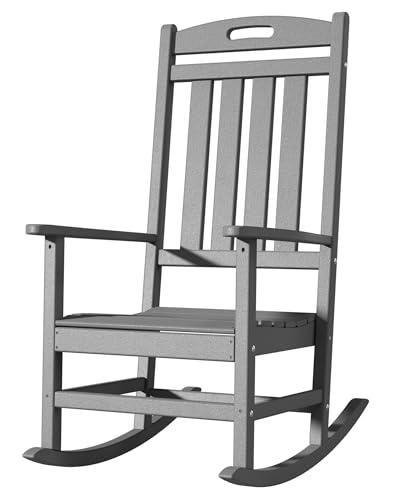 Outdoor Rocking Chair, All-Weather Resistant Poly Lumber Rocker Chair Outdoor, High Back Plastic Patio Rocking Chairs for Outside Porch Rocker Garden Lawn, Slate Grey