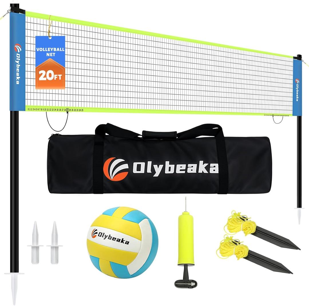 20FT Outdoor Volleyball Net Set System for Backyard Beach with Anti-Sagging Net, Iron Adjustable Height Poles, Soft PU Volleyball and Pump, Carry Bag - Instant Set Up & Durable (Blue)