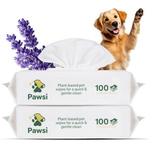 Pawsi Pet Wipes for Dogs and Cats, Hypoallergenic Grooming Wipes for Paws, Body and Butt, Cleaning and Hydrating, Lavender Scented, 2 Pack (100 Wipes Each, 200 Total)