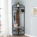 GiftGo Grey Corner Hall Tree with Shoe Bench Entryway Coat Rack with 10 Metal Movable Hooks Rustic Farmhouse Floorstanding Clothes Rack Shoes Shelf Organizer for Home Office Bedroom (Greige), 71.3" X 19.7" X 19.7"