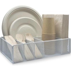 Metal Paper Plate Holder - Utensil Silverware Caddy for Kitchen Counter Cabinet Cutlery Flatware Organizer Storage Dispenser Box for Plastic Spoon Fork Plates Napkins Cup Party Camping White