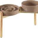 Ceramic Raised Slow Feeder Dog Bowl Set, Elevated 8.2inch Bowl and 9.5inch Puzzle Slow Food Dish with Wooden Stand for Large Dog, Anti-Gulping (2X Brown Coffee+ Stand)