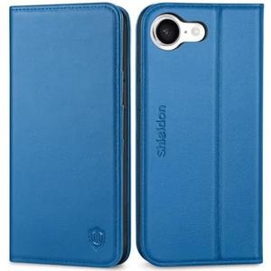 SHIELDON Wallet Case for iPhone 16e 2025, Genuine Leather Flip Case RFID Blocking Card Slot Kickstand Magnetic Shockproof TPU Phone Holder Cover Compatible with iPhone 16e 6.1" - Nappa Sapphire Blue