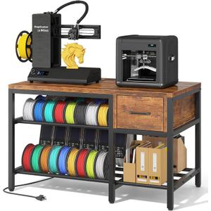 3D Printer Stand with Filament Storage  Heavy Duty Metal 3D Printer Table with Drawer and Power Hub for Workshop, Studio, and Office (Wooden Drawer - Style02)