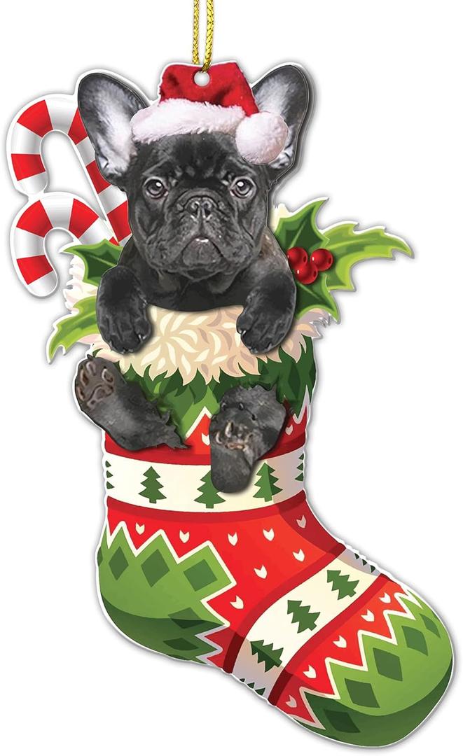 2 x Black French Bulldog Christmas Acrylic Flat Ornament - Frenchie Puppy in Stocking with Santa Hat - Perfect Holiday Tree Decoration for Dog Lovers- 2024 Black Frenchie Dog Christmas Ornament