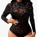 Buauty Long Sleeve Mesh Bodysuit for Women, Sheer Mesh Top Round Neck See Through Leotard Jumpsuit Snap Crotch Clubwear Black XL