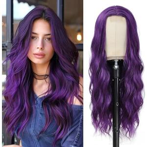 YBYMCAI Long Purple Wavy Wigs for Women Middle Part Dark Purple Wig 26 inch Natural Curly Synthetic Wig Heat Resistant Fiber Wigs for Daily Party Use
