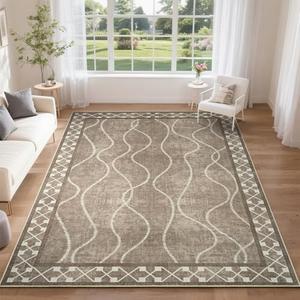 DweIke 4x6 Area Rugs for Living Room, Machine Washable Bordered Rug for Bedroom, Luxury Rubber Backing (Non-Slip) Low Pile Throw Carpet for Dining Room Kitchen Home Decor, Brown
