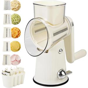 Rotary Cheese Grater with Handle: 5 in 1 Cheese Grater Hand Crank Cheese Shredder with Strong Suction Base Kitchen Vegetable Slicer with 5 Interchangeable Blades, Storage Box, White