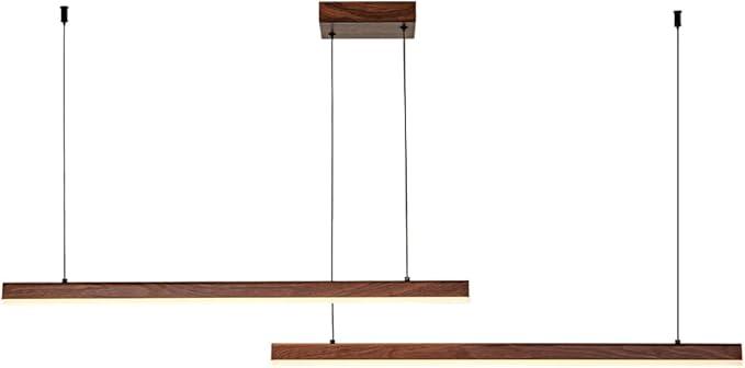 JC TOPA Linear Pendant Light Fixture Dimmable LED Linear Island Light with CCT Switch 3000K/4000K/6000K, Wood Chandelier for Dinning Room Bar Office, Walnut Grain Print