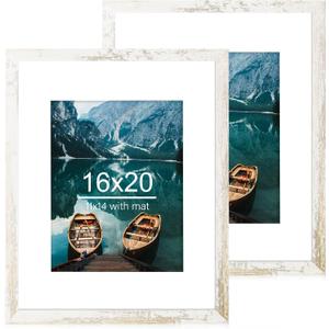 Hongkee 16x20 Frames Set of 2, Distressed White Wood Style - Display 16 x 20 Picture without Mat or 11x14 Picture with Mat, Wall Mounting Horizontal and Vertical