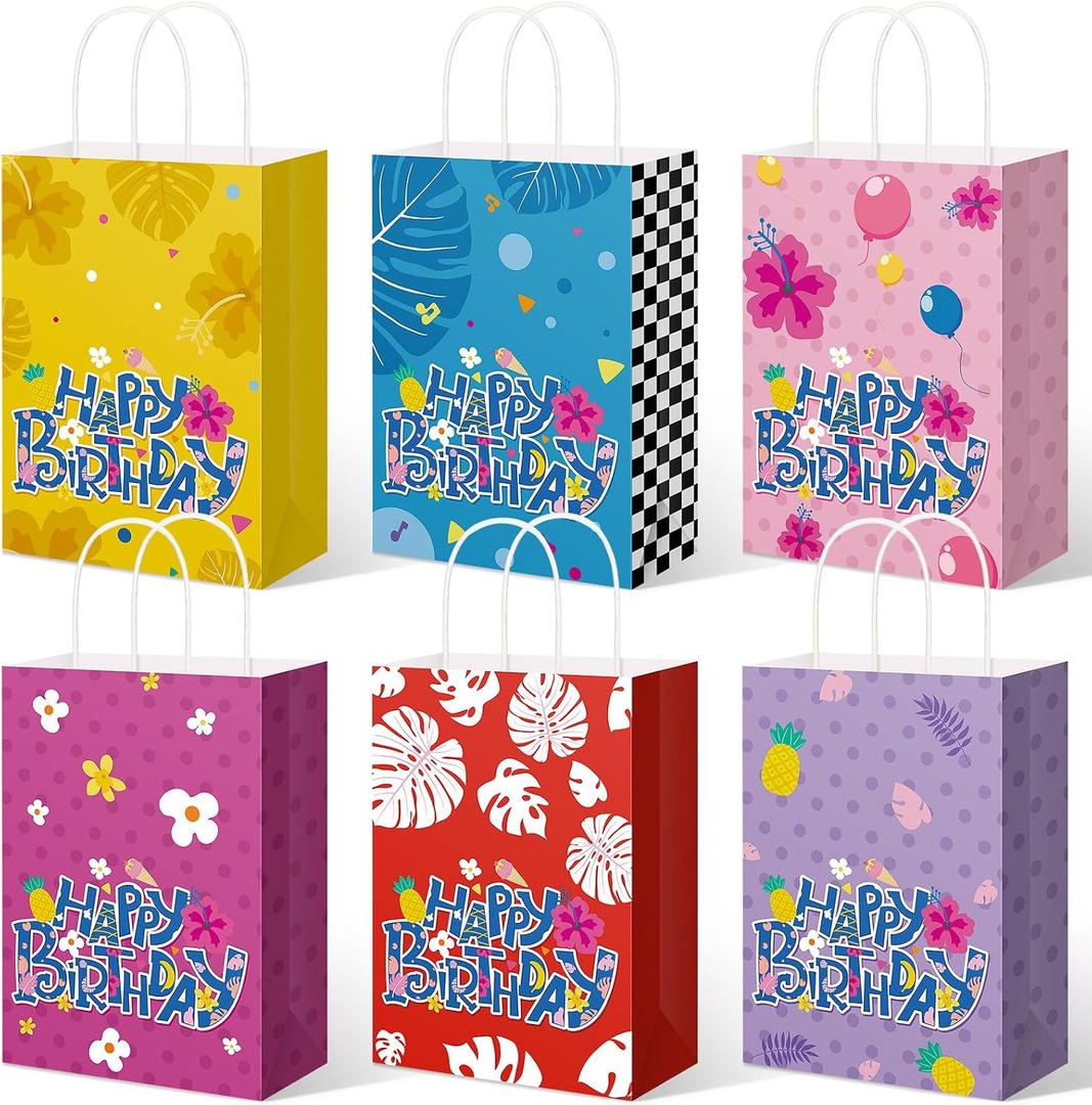 MotiMind 48 Pcs Cartoon Hawaii Birthday Party Favor Bags with Handles Candy Treat Bags Summer Tropical Print Flower Palm Double Printed Patterns Paper Gifts Pouch for Luau Holiday Event Favors