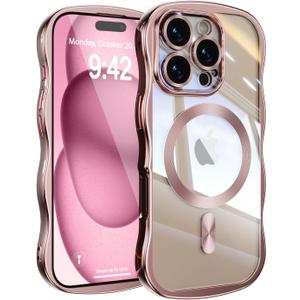 UEEBAI for iPhone 16 Pro Max Case, Cute Wave Frame Magnetic Phone Case Compatible with Magsafe Full Camera Protection Cover Soft Electroplated Phone Cover for Women Girls - Pink