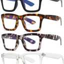 4 Pack Oprah Style Reading Glasses for Women Men Blue Light Blocking Computer Square Metal Spring Readers (Black, Transparent, Grey Tortoiseshell, Yellow Tortoiseshell)