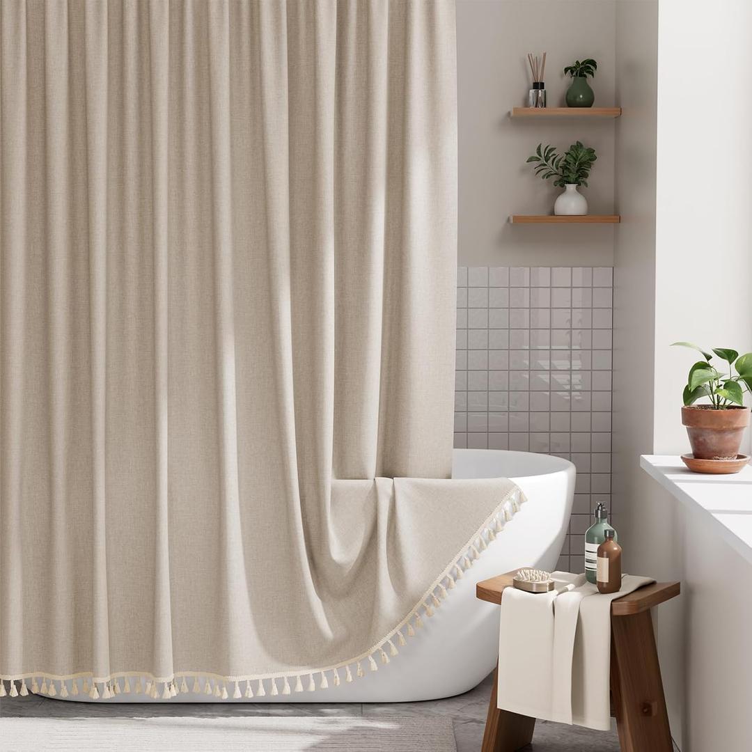 AmazerBath Farmhouse Shower Curtains for Bathroom, Tan Shower Curtain with Tassels, Taupe Rustic Faux Linen Shower Curtain Set with 12 Hooks, 72x72 Inches