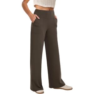 COPYLEAF Wide Leg Pants Woman High Waist Yoga Pants with Pockets Loose Stretch Dress Work Sweatpants Casual Lounge (Medium, Brown)