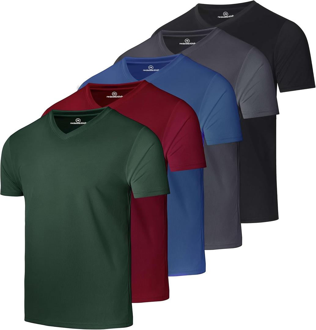Real Essentials 5 Pack: Men's Mesh Short Sleeve V-Neck T-Shirt | Athletic Dry Fit V Neck Workout Shirt (L)