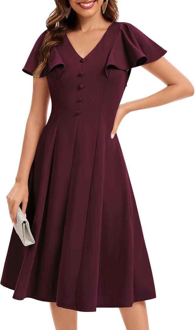 Bbonlinedress Vintage Cocktail Dress V Neck Women Formal Wedding Guest Retro Church Tea Length Mother of The Bride Dress (Small, Burgundy)