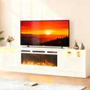 MXV 70" Fireplace TV Stand for TVs Up to 80", LED Light Entertainment Center with 36" Electric Fireplace, Modern Wood Texture TV Media Console with Highlight Storage Cabinet, White-White