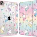 Case for iPad 12.9 Inch (6th/5th/4th/3rd Generation, 2022/2021/2020/2018), Pencel Holder + Trifold Support Auto Sleep/Wake, Transparent Shockproof Back Cover, Rainbow Unicorn