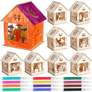WinnerWhy 18 Pcs Halloween Haunted House Kit Painting Your Own Wooden Houses Crafts with Colors Markers DIY Graffiti Crafts Pumpkin Witch Ghost Haunted House for Paint Art
