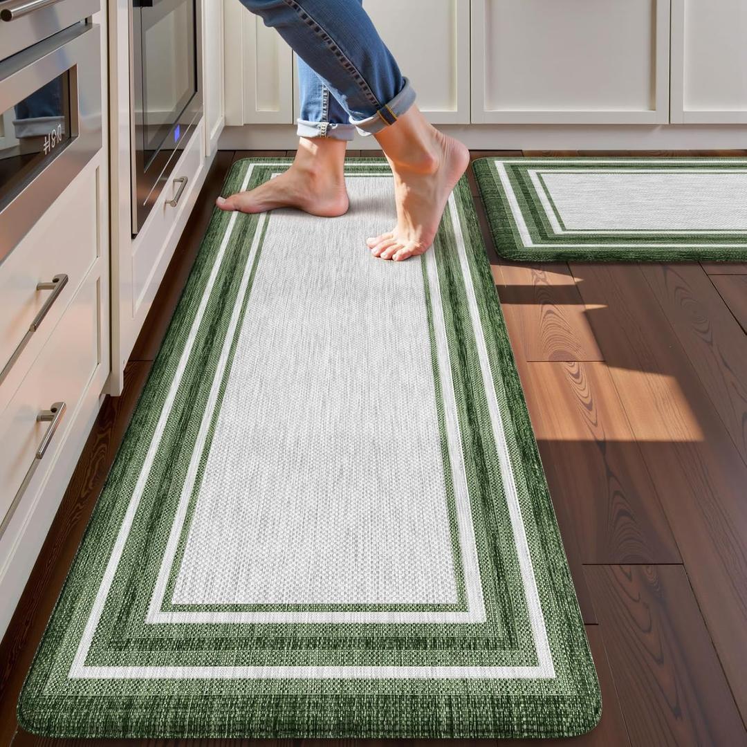 KIMODE Kitchen Mats Cushioned Anti Fatigue, Farmhouse Christmas Kitchen Rugs Sets of 2, Non Slip Kitchen Mats for Floor, Comfort Kitchen Floor Mats for Sink Laundry Desk 17"x47"+17"x29" Green