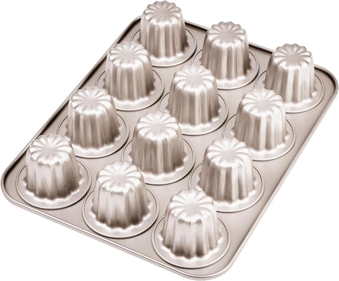 12 Canele Mold Cake Pan Non-Stick Canele Muffin Bakeware Cupcake Pan for Oven Baking (Champagne Gold)