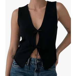 Womens Vintage Knittd Tank Y2k Vest Crop Top Sleeveless V-Neck Open Front Button Crochet Knit Vests Versatile Tops
(Black, M)