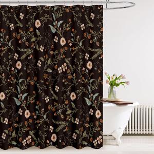 Tititex Boho Rustic Floral Black 140 GSM Faux Linen Shower Curtain, Vintage Morris Watercolor Green Leaves Plant with Red Florals Print Bathroom Decoration Shower Curtain Sets 71x73 in with Hooks