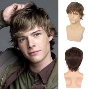 Mens Short Brown Wigs Natural Layered Fluffy Wigs Synthetic Hair Wig for Halloween Costume Cosplay with Wig Cap