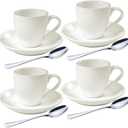 homEdge Porcelain Espresso Shot Cup Set with Saucers and Stainless Steel Spoons - 80 ml / 2.67 oz, Set of 4, White