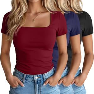 Ficerd 3 Pack Women's Square Neck Shirts, Short Sleeve Slim Fit Tops Scoop Neck Summer Casual Basic T-Shirts Tee M